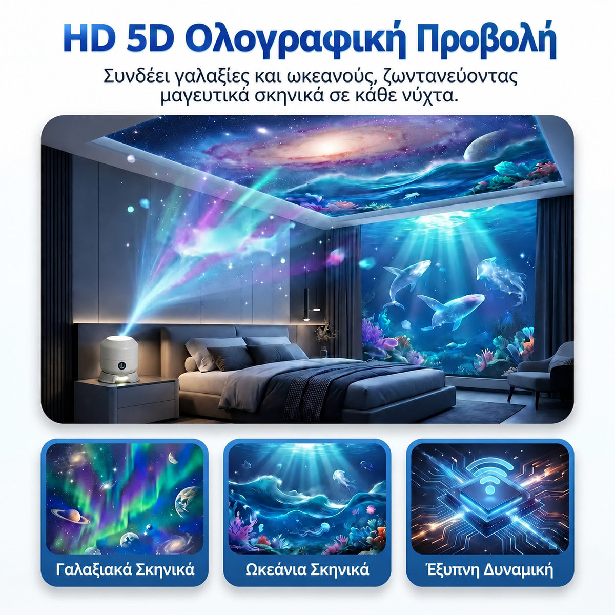 🛎️ Τελευταία ημέρα με έκπτωση 70%丨REBYIPO® Προβολέας νυχτερινού φωτισμού — Έξυπνος ολογραφικός προβολέας 5D με έναστρο ουρανό και ωκεανό 🌠